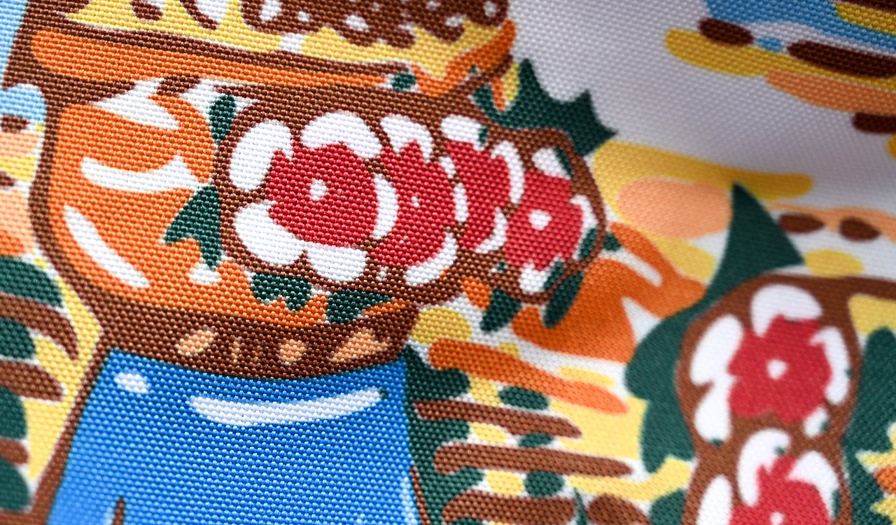 A side-by-side comparison of a polyester flag and a nylon flag showing color saturation and fabric texture, with labels.