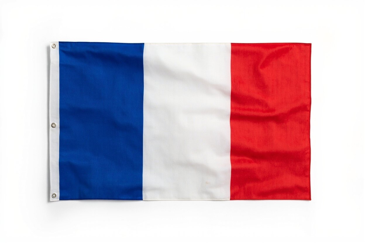 Side-by-side diagram comparing a single-panel mirrored double-sided flag with a two-panel sewn double-sided flag construction