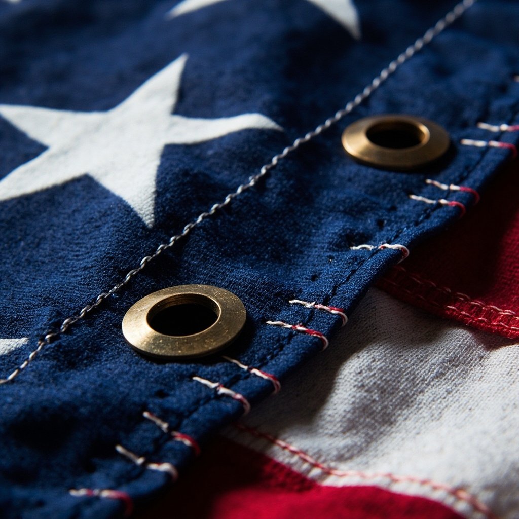 Inside a flag workshop: craftsman sewing reinforced white header cloth with brass grommets onto a polyester flag, embroidery machine in background